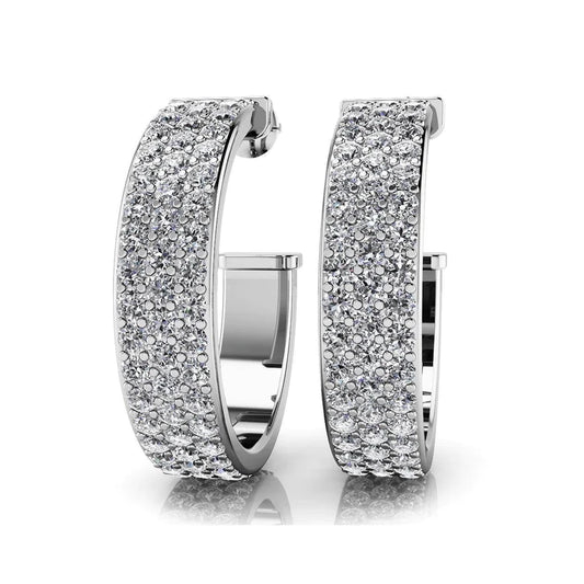 Three Row Round Cut 5.30 Carats Genuine Diamonds Hoop Earrings White Gold 14K