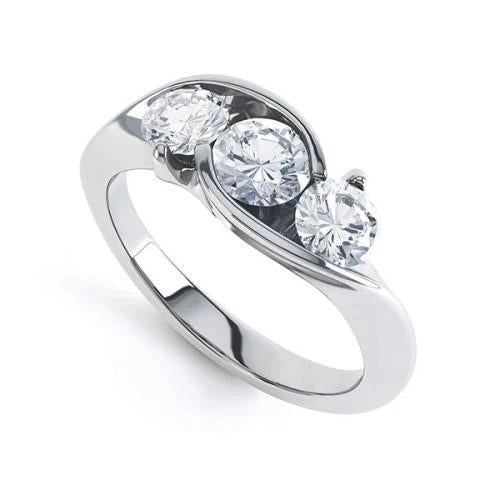 Three Stone 2.50 Ct Round Cut Real Diamonds Engagement Ring White Gold 14K