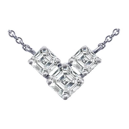 Three Stone Asscher Real Diamond Pendant Necklace 2 Carat White Gold 14K