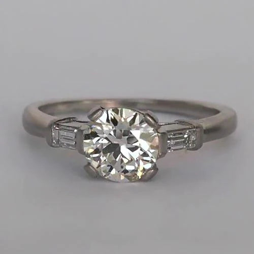 Three Stone Baguette & Round Old Miner Natural Diamond Ring 2 Carats