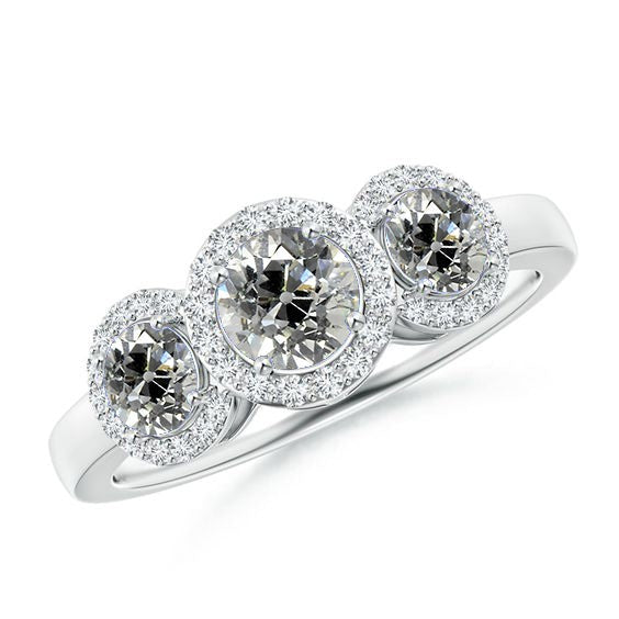 Three Stone Halo Anniversary Ring Round Real Old Miner Diamonds 2.90 Carats - Halo Ring-harrychadent.ca
