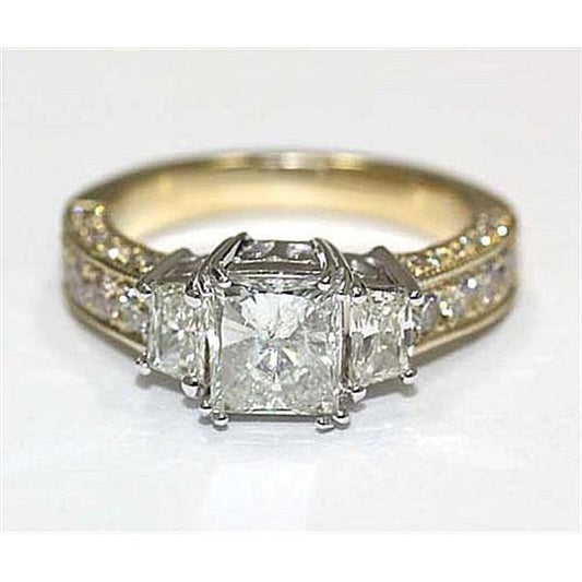 Three Stone Natural Diamond Ring 2.75 Carat Vintage Style Yellow Gold 14K