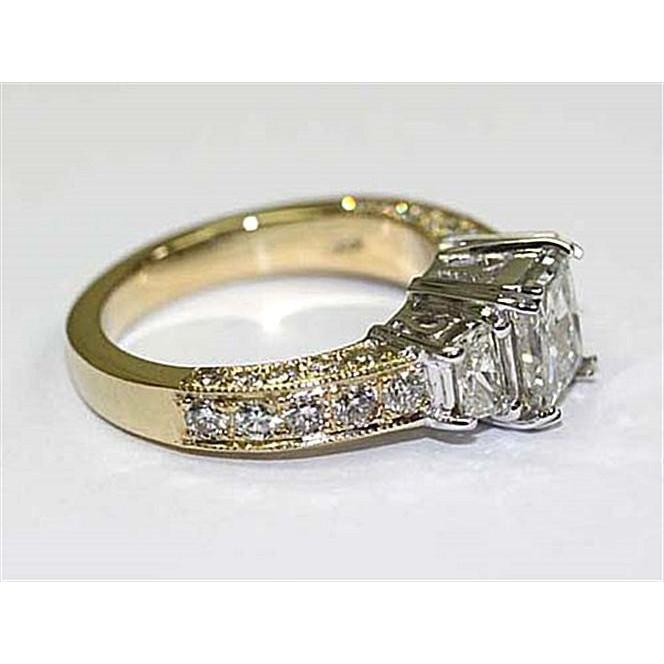 Three Stone Natural Diamond Ring 2.75 Carat Vintage Style Yellow Gold 14K