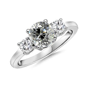 Three Stone Old Cut Round Natural Diamond Ring 2 Carats White Gold 14K