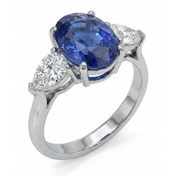 Three Stone Pear Natural Earth Mined Diamond ( Not Lab Grown ) & Ceylon Oval Sapphire Ring 9.25 Carats Gold