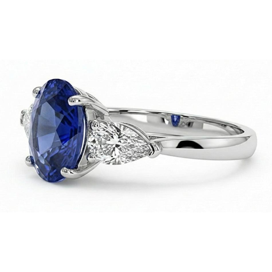 Three Stone Pear Natural Earth Mined Diamond ( Not Lab Grown ) & Ceylon Oval Sapphire Ring 9.25 Carats Gold