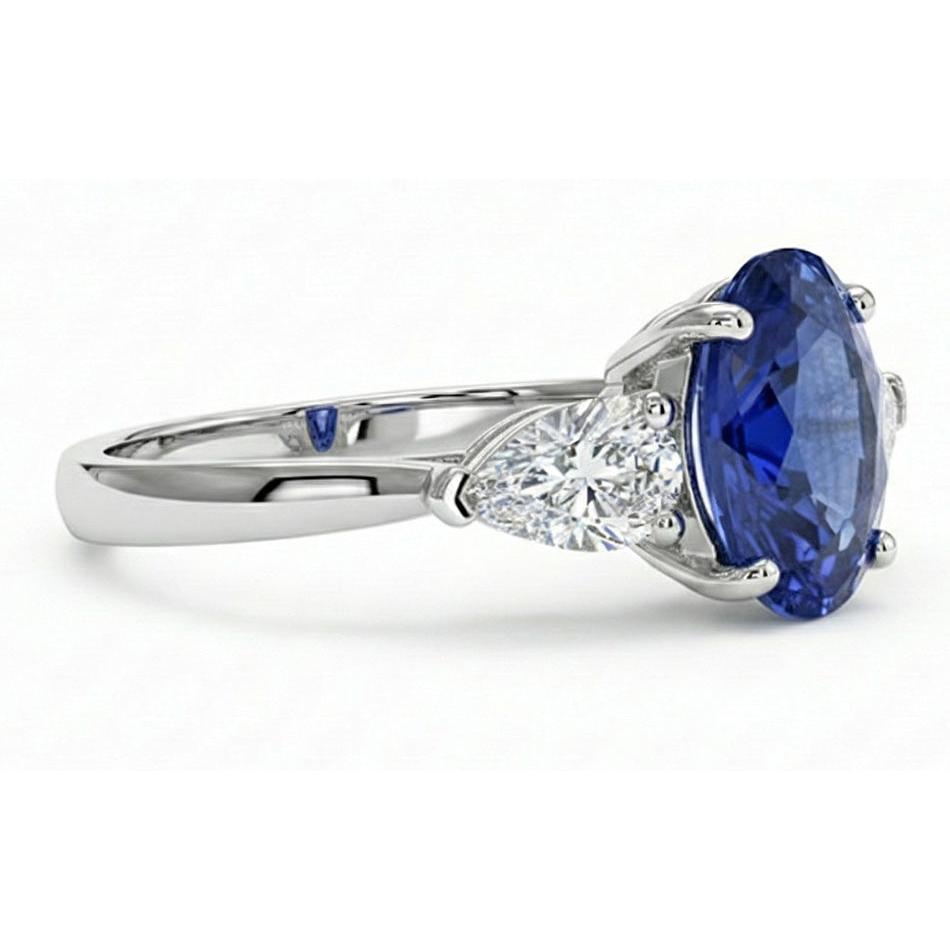 Three Stone Pear Natural Earth Mined Diamond ( Not Lab Grown ) & Ceylon Oval Sapphire Ring 9.25 Carats Gold