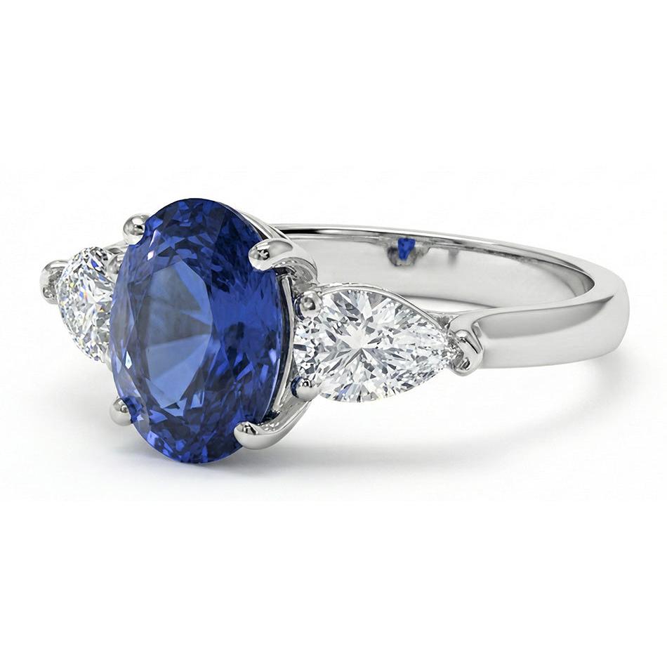 Three Stone Pear Natural Earth Mined Diamond ( Not Lab Grown ) & Ceylon Oval Sapphire Ring 9.25 Carats Gold