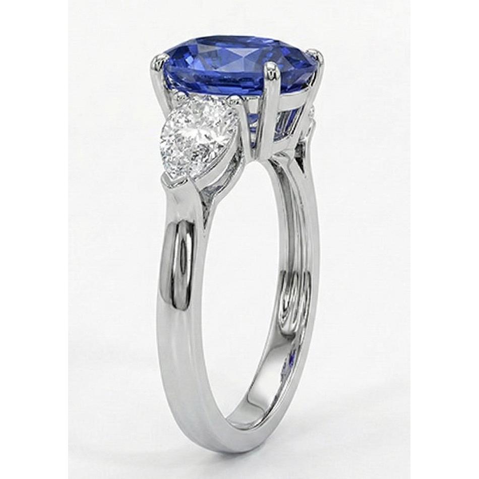 Three Stone Pear Natural Earth Mined Diamond ( Not Lab Grown ) & Ceylon Oval Sapphire Ring 9.25 Carats Gold