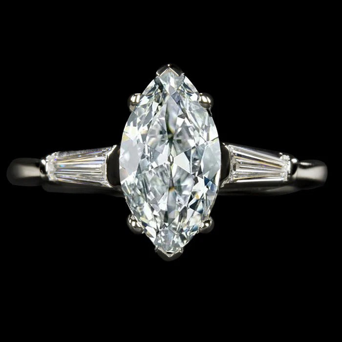 Three Stone Ring Baguette & Marquise Old Mine Cut Genuine Diamond 4.50 Carats