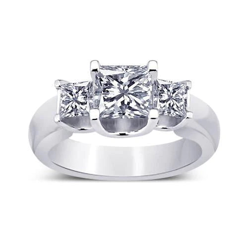 Three Stone Ring Princess Real Diamond 2.31 Carat White Gold 14K New
