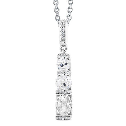 Three Stone Style Oval Old Mine Cut Natural Diamond Pendant 4.50 Carats 14K