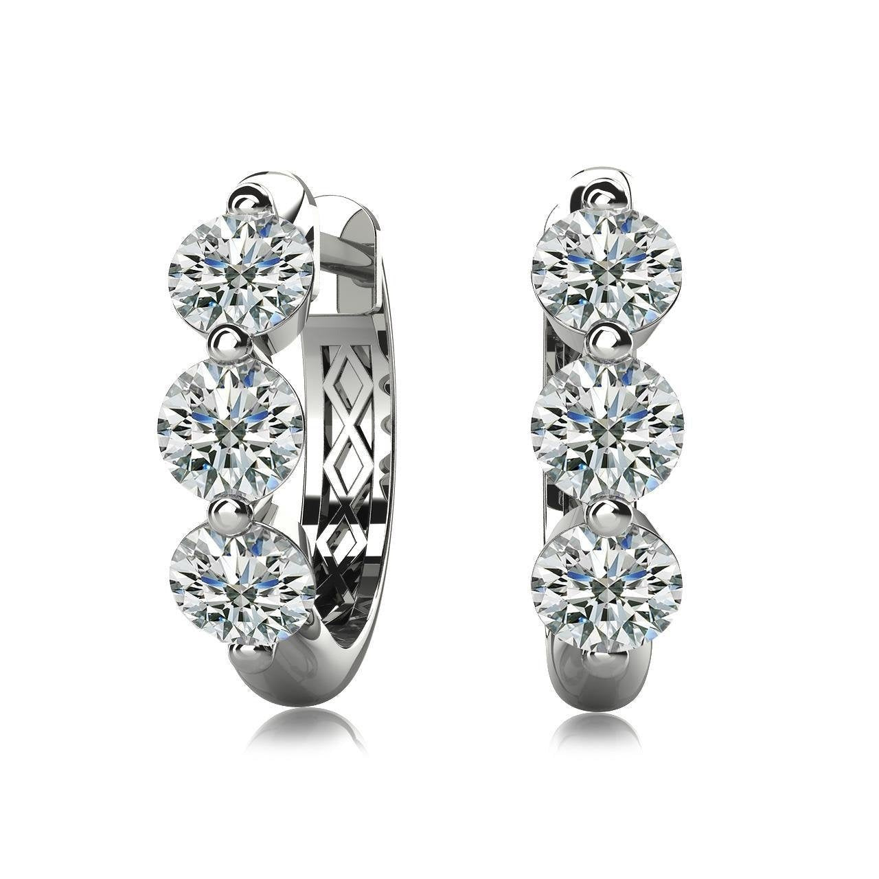 Three Stone Women Hoop Earrings 3 Ct Round Cut Real Diamonds White Gold 14K