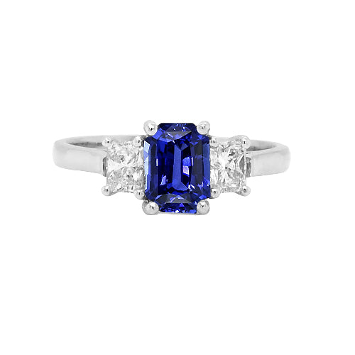 Three Stone Emerald Blue Sapphire & Diamonds Ring