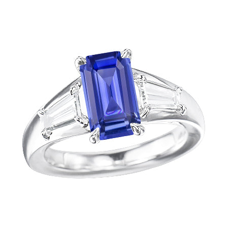 Three Stone Emerald Blue Sapphire Engagement Ring Gold 14K