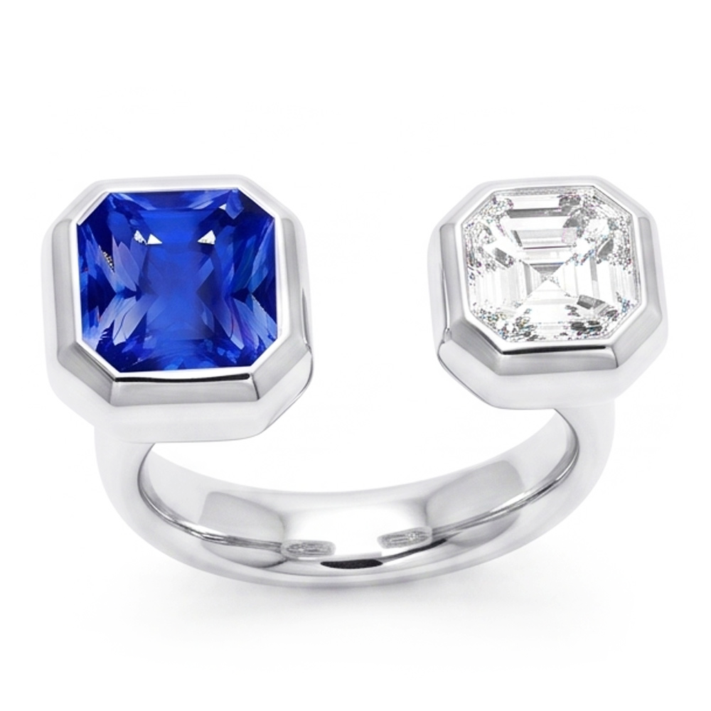 Toi et Moi Asscher Natural Earth Mined Diamond ( Not Lab Grown ) Ring Bezel Set Radiant Sapphire 2.50 Carats