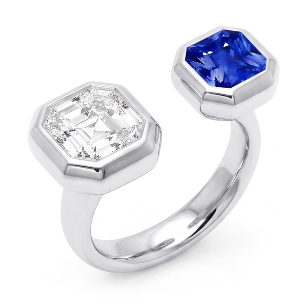 Toi et Moi Asscher Natural Earth Mined Diamond ( Not Lab Grown ) Ring Bezel Set Radiant Sapphire 2.50 Carats