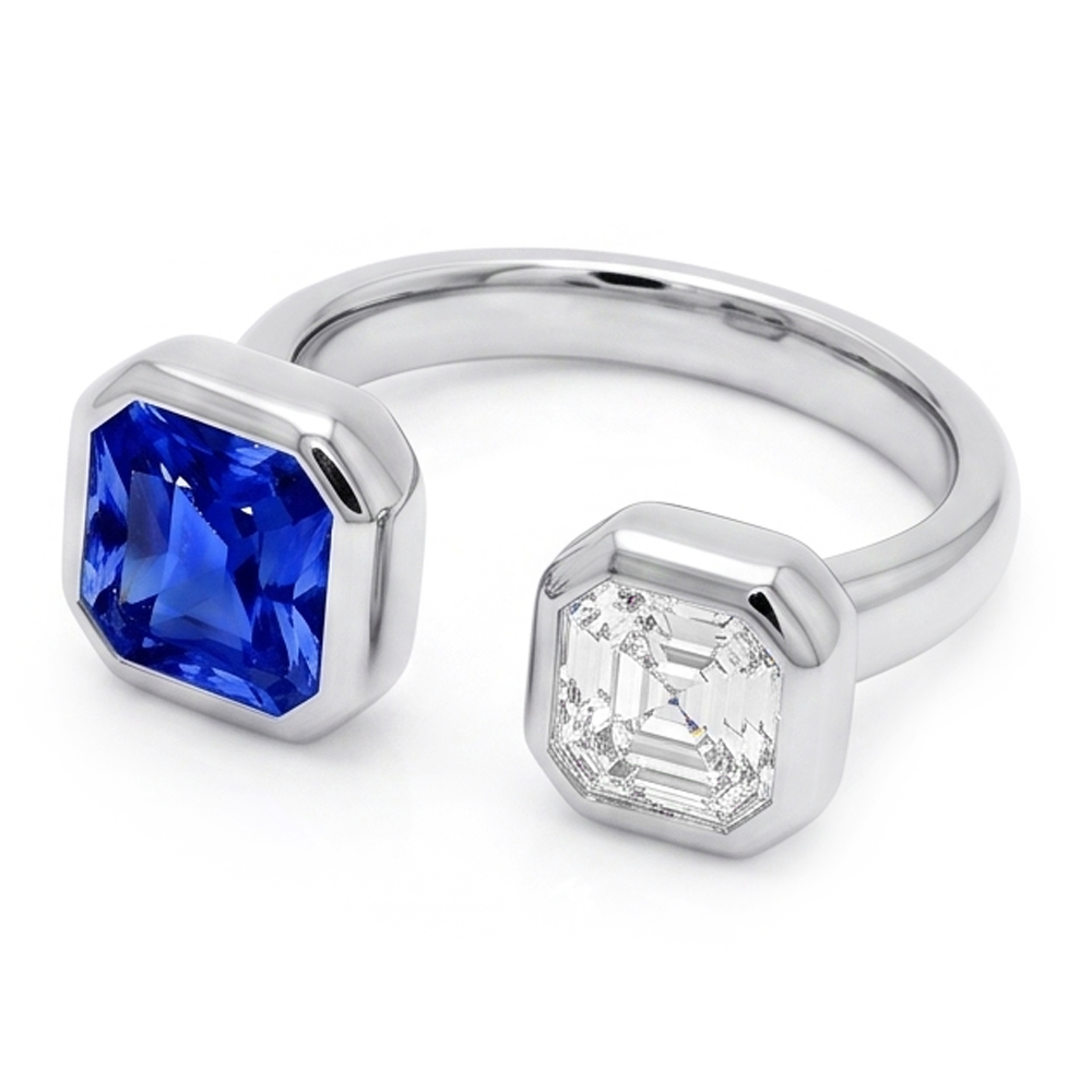 Toi et Moi Asscher Natural Earth Mined Diamond ( Not Lab Grown ) Ring Bezel Set Radiant Sapphire 2.50 Carats