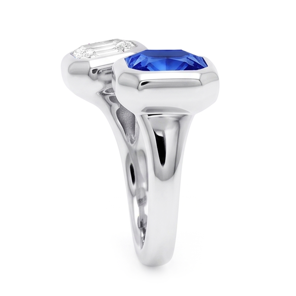 Toi et Moi Asscher Natural Earth Mined Diamond ( Not Lab Grown ) Ring Bezel Set Radiant Sapphire 2.50 Carats
