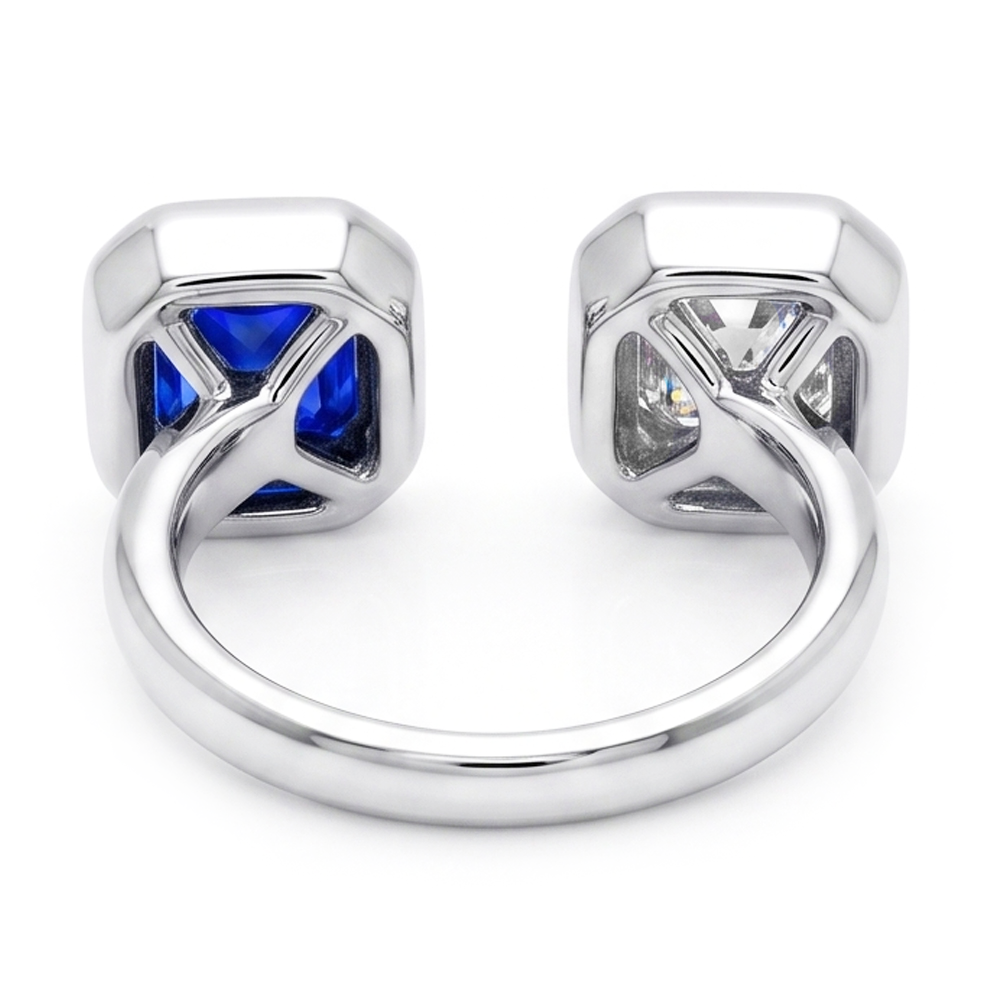 Toi et Moi Asscher Natural Earth Mined Diamond ( Not Lab Grown ) Ring Bezel Set Radiant Sapphire 2.50 Carats