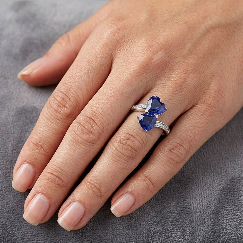 Toi et Moi Heart Gemstone Blue Sapphire Natural Earth Mined Diamond ( Not Lab Grown ) Ring 3.50 Carats