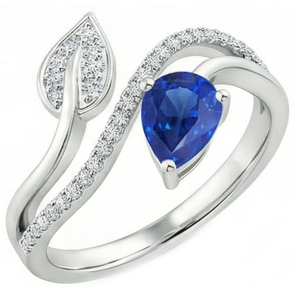 Toi et Moi Natural Earth Mined Diamond ( Not Lab Grown ) Women’s Ring Pear Blue Sapphire 4 Carats Leaf Style