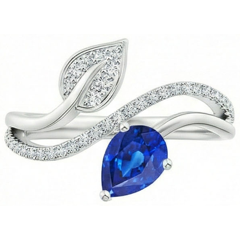 Toi et Moi Natural Earth Mined Diamond ( Not Lab Grown ) Women’s Ring Pear Blue Sapphire 4 Carats Leaf Style