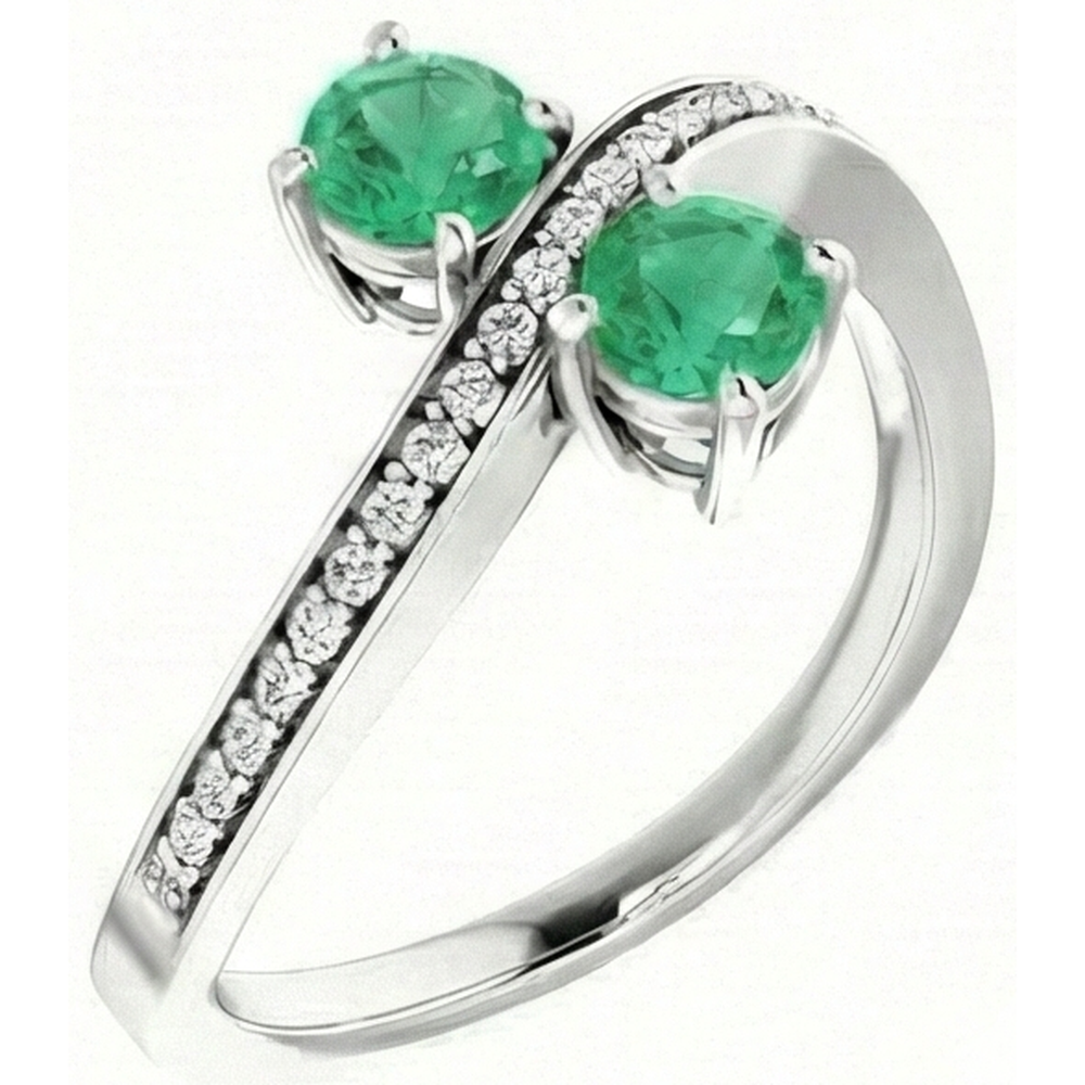 Toi et Moi Round Green Emerald 2.60 Carats Natural Earth Mined Diamond ( Not Lab Grown ) Ring White Gold 14K