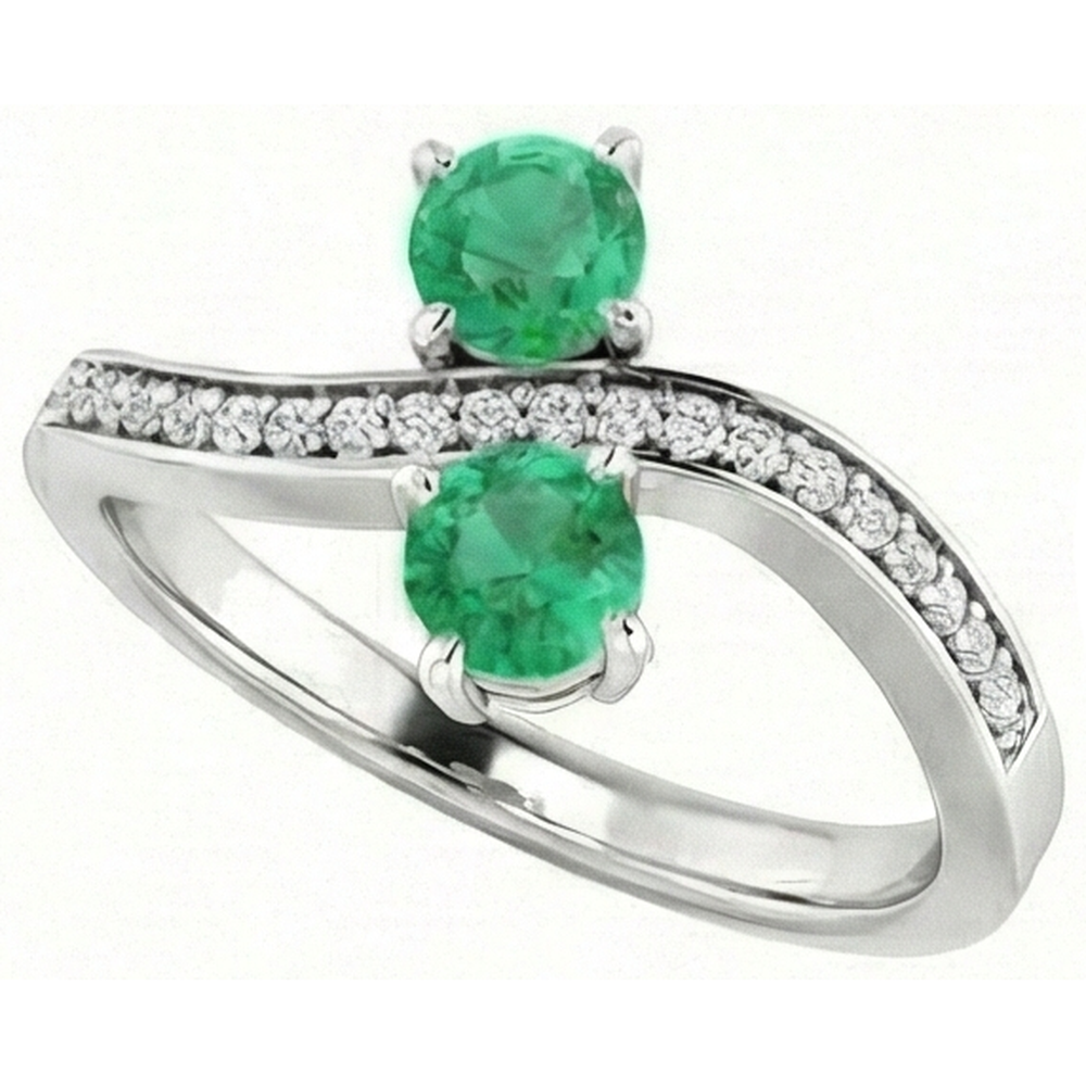 Toi et Moi Round Green Emerald 2.60 Carats Natural Earth Mined Diamond ( Not Lab Grown ) Ring White Gold 14K