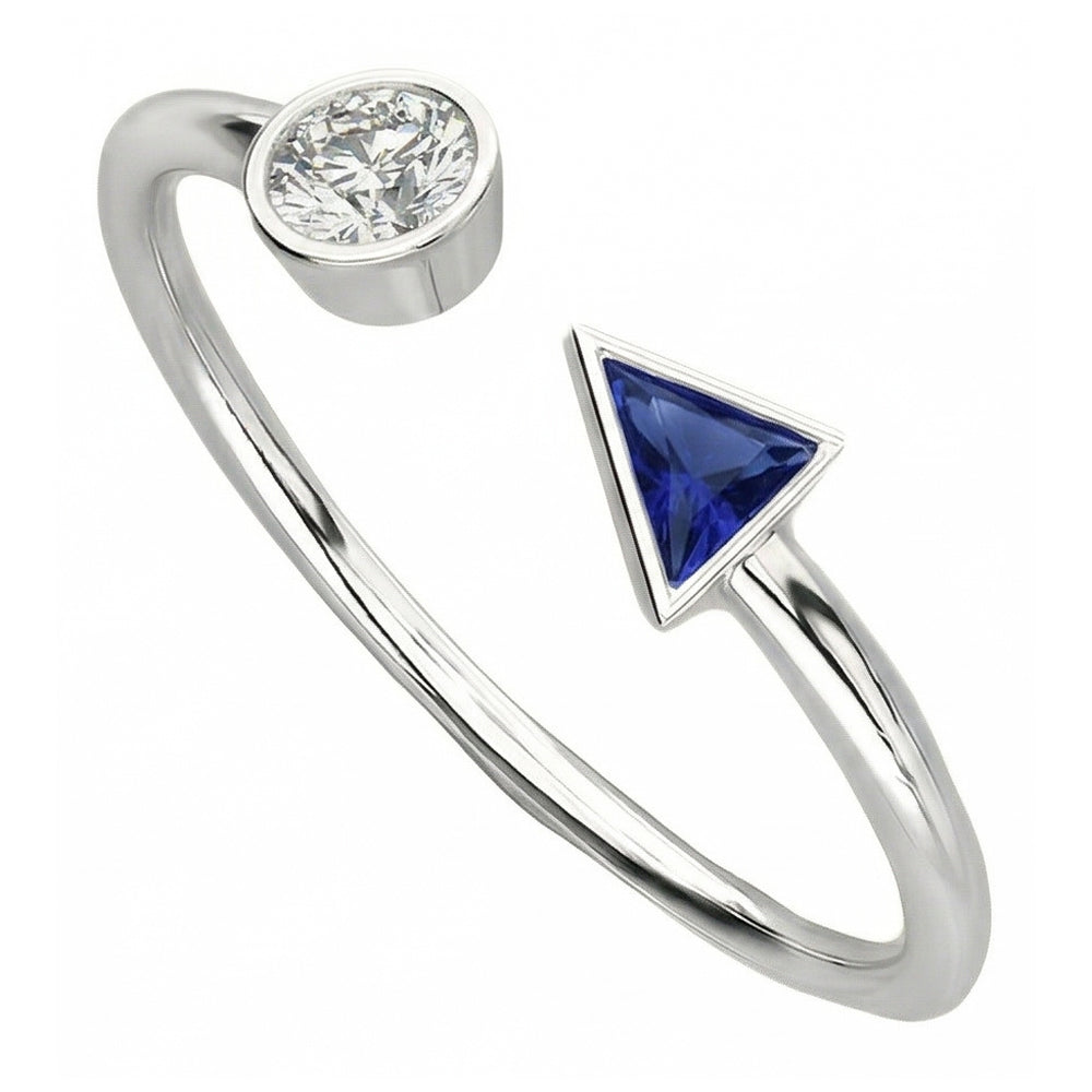 Toi et Moi Round Natural Earth Mined Diamond ( Not Lab Grown ) & Trillion Bezel Set Sapphire Ring 1 Carat