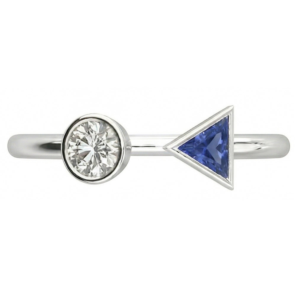 Toi et Moi Round Natural Earth Mined Diamond ( Not Lab Grown ) & Trillion Bezel Set Sapphire Ring 1 Carat