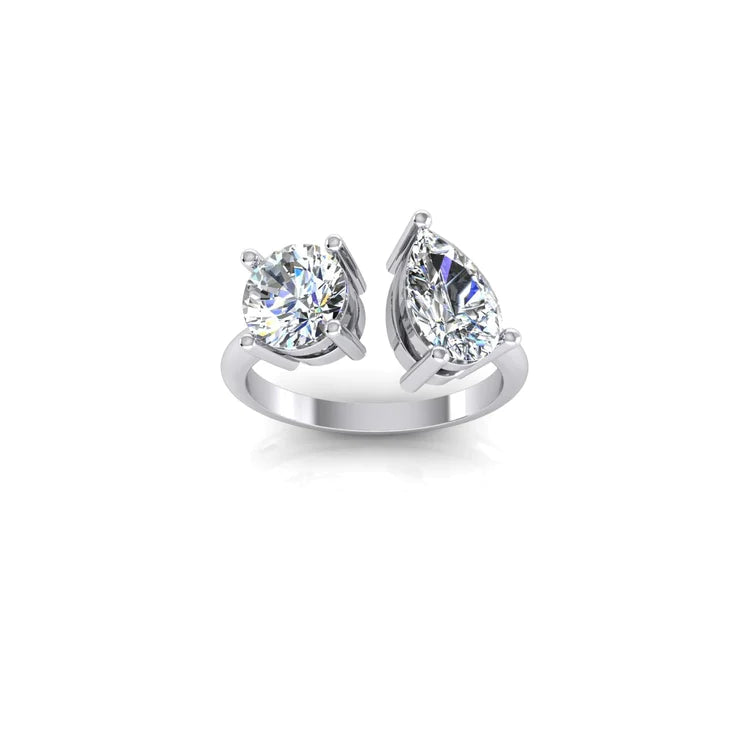 Toi Et Moi Pear & Round Real Diamond Two Stone Ring 2 Carats