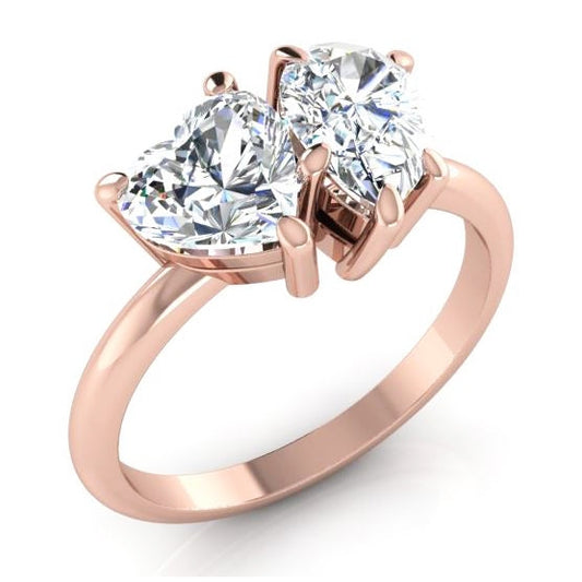 Toi Et Moi Real Diamond Ring 2 Ct Rose Gold Heart & Pear Cut