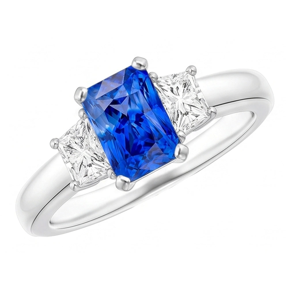 Trapezoid Natural Earth Mined Diamond ( Not Lab Grown ) Blue Sapphire Ring Radiant Cut 3 Carats Three Stone