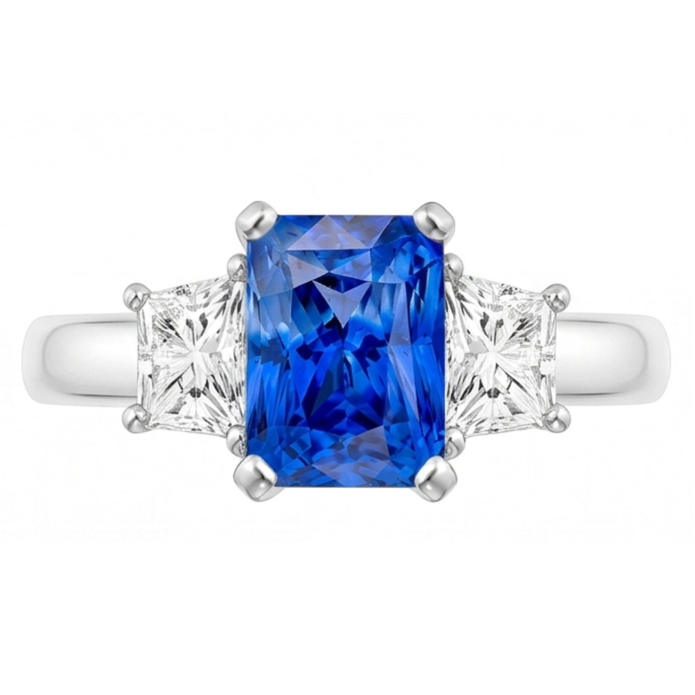 Trapezoid Natural Earth Mined Diamond ( Not Lab Grown ) Blue Sapphire Ring Radiant Cut 3 Carats Three Stone