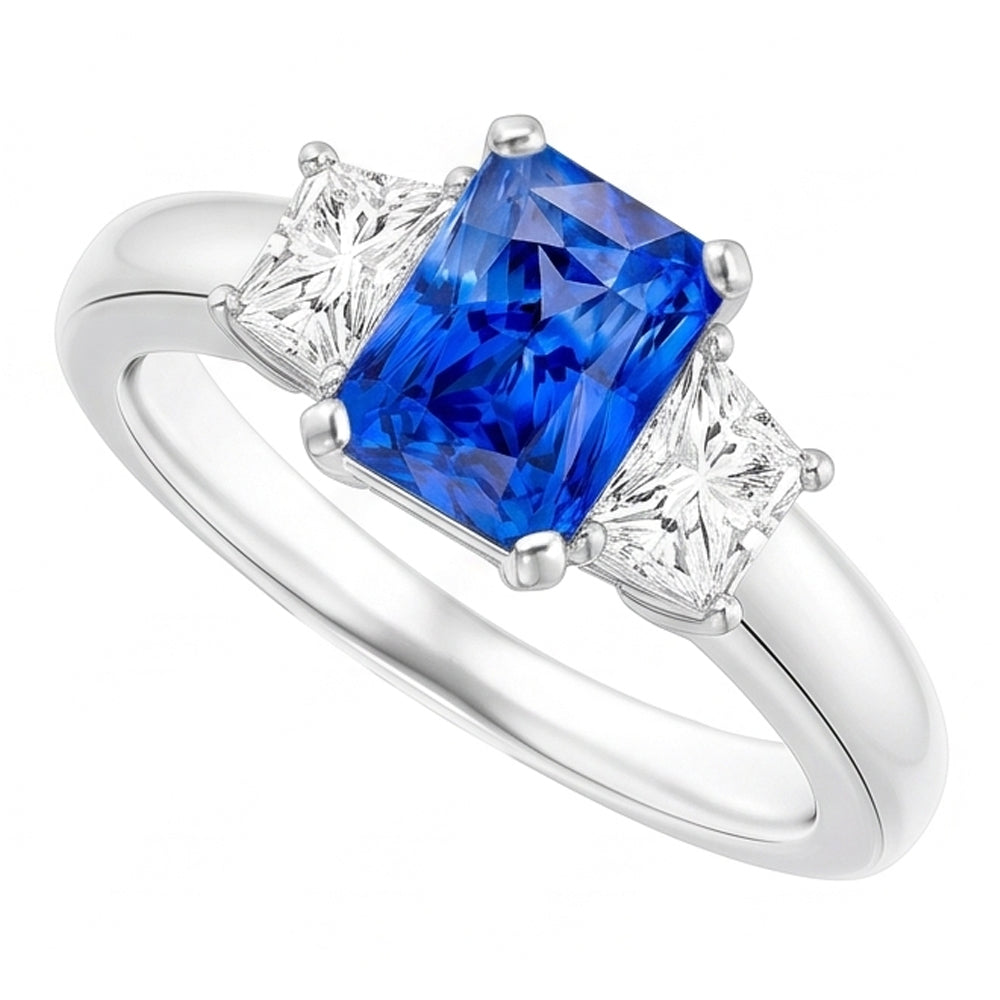 Trapezoid Natural Earth Mined Diamond ( Not Lab Grown ) Blue Sapphire Ring Radiant Cut 3 Carats Three Stone