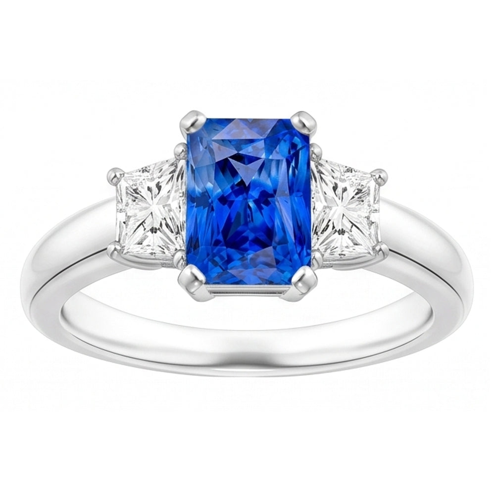 Trapezoid Natural Earth Mined Diamond ( Not Lab Grown ) Blue Sapphire Ring Radiant Cut 3 Carats Three Stone