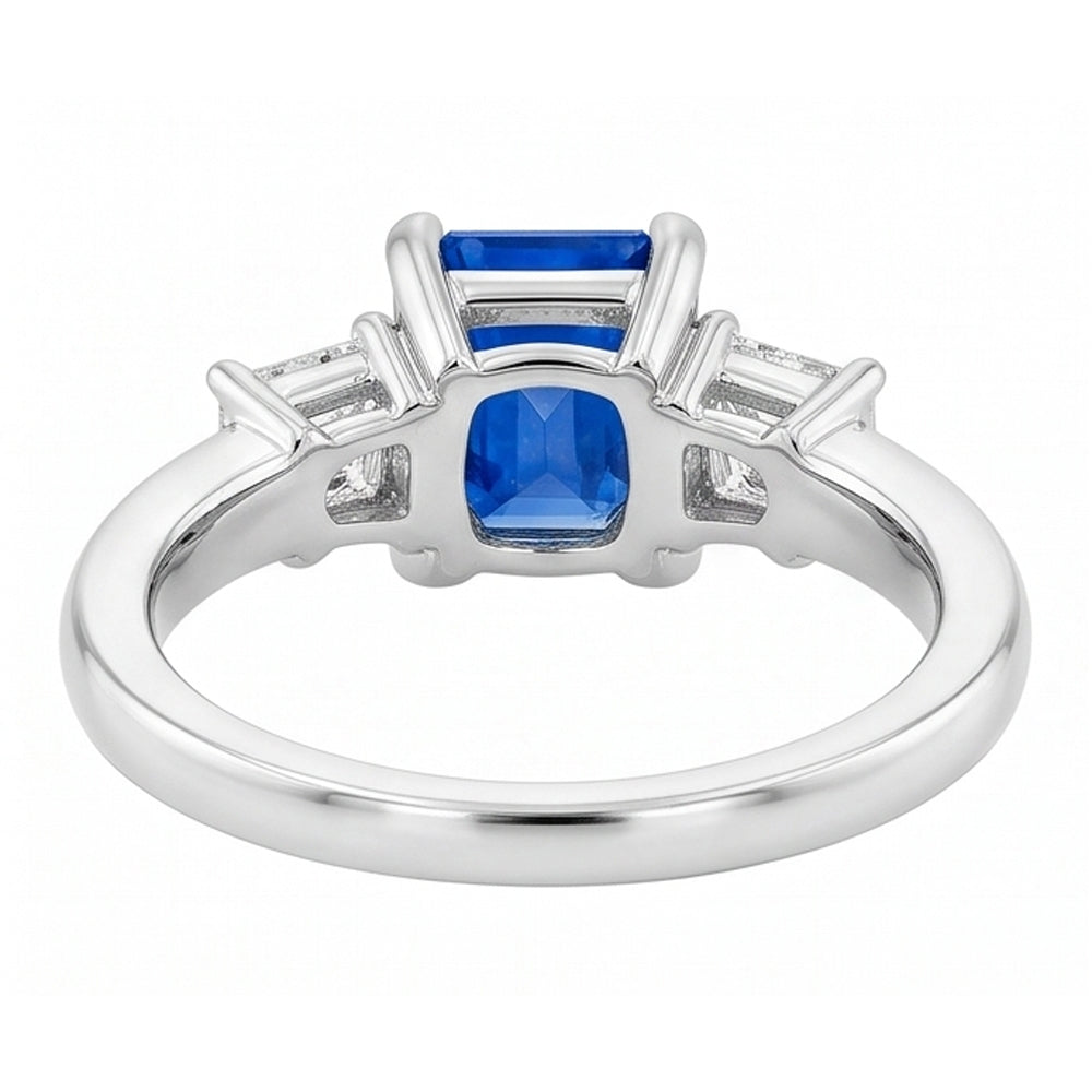 Trapezoid Natural Earth Mined Diamond ( Not Lab Grown ) Blue Sapphire Ring Radiant Cut 3 Carats Three Stone