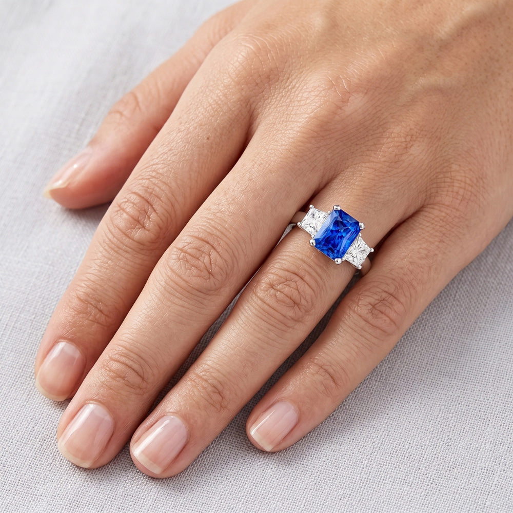 Trapezoid Natural Earth Mined Diamond ( Not Lab Grown ) Blue Sapphire Ring Radiant Cut 3 Carats Three Stone