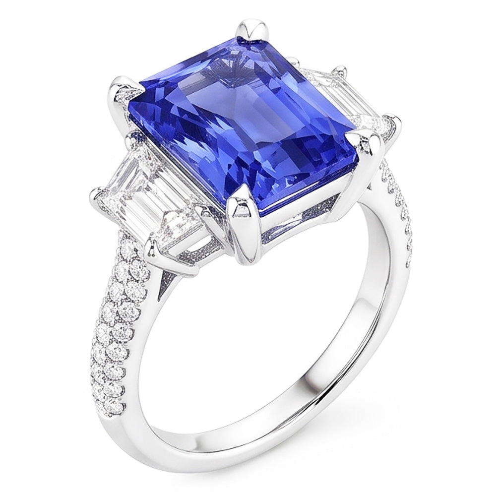 Trapezoid Natural Earth Mined Diamond ( Not Lab Grown ) Sapphire Ring With Accents Gold Pave Set 4.50 Carats
