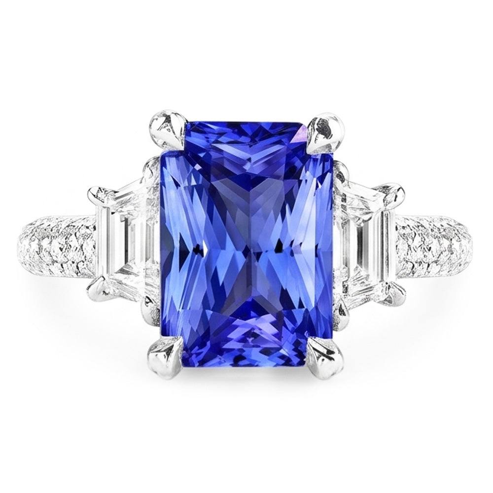 Trapezoid Natural Earth Mined Diamond ( Not Lab Grown ) Sapphire Ring With Accents Gold Pave Set 4.50 Carats