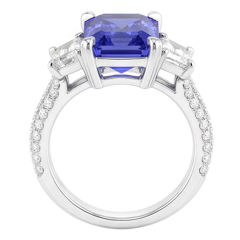 Trapezoid Natural Earth Mined Diamond ( Not Lab Grown ) Sapphire Ring With Accents Gold Pave Set 4.50 Carats