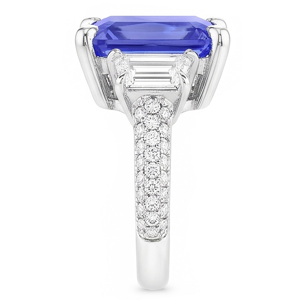 Trapezoid Natural Earth Mined Diamond ( Not Lab Grown ) Sapphire Ring With Accents Gold Pave Set 4.50 Carats