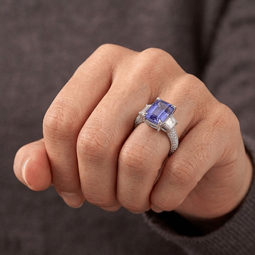 Trapezoid Natural Earth Mined Diamond ( Not Lab Grown ) Sapphire Ring With Accents Gold Pave Set 4.50 Carats