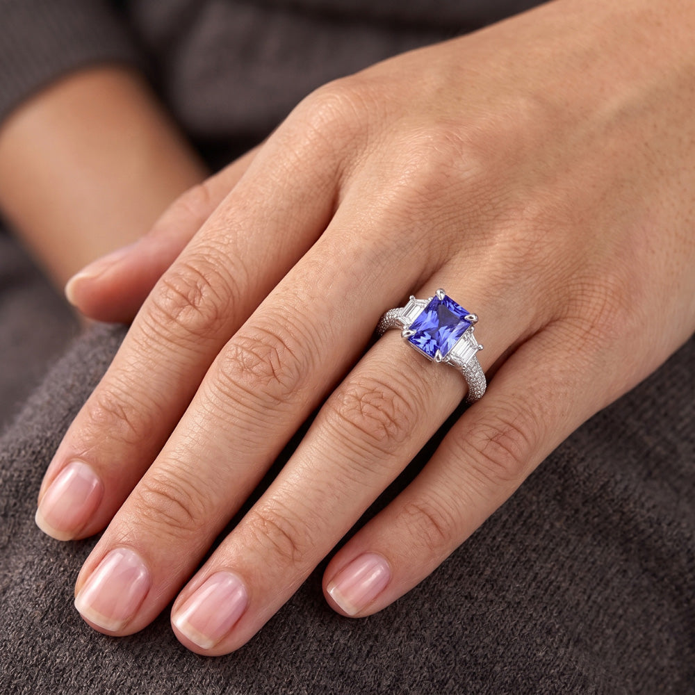 Trapezoid Natural Earth Mined Diamond ( Not Lab Grown ) Sapphire Ring With Accents Gold Pave Set 4.50 Carats