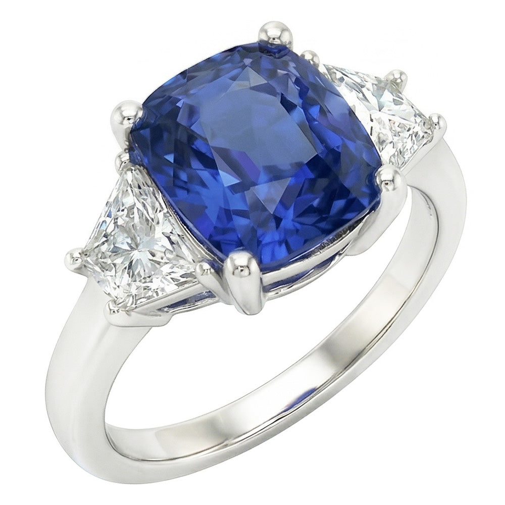Trapezoid Natural Earth Mined Diamond ( Not Lab Grown ) & Cushion Blue Sapphire 3 Stone Ring 2.50 Carats