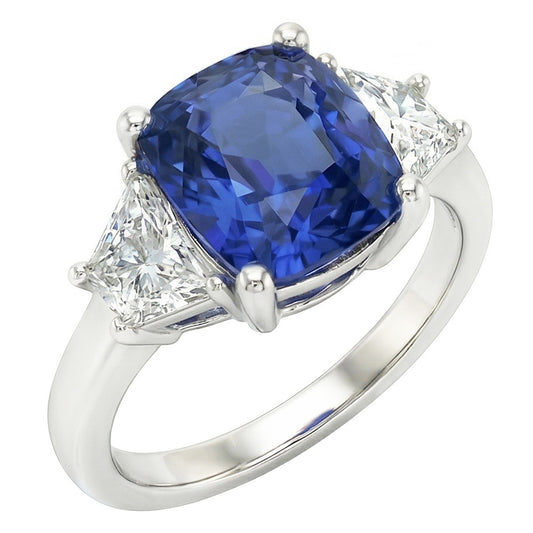 Trapezoid Natural Earth Mined Diamond ( Not Lab Grown ) & Cushion Blue Sapphire 3 Stone Ring 2.50 Carats