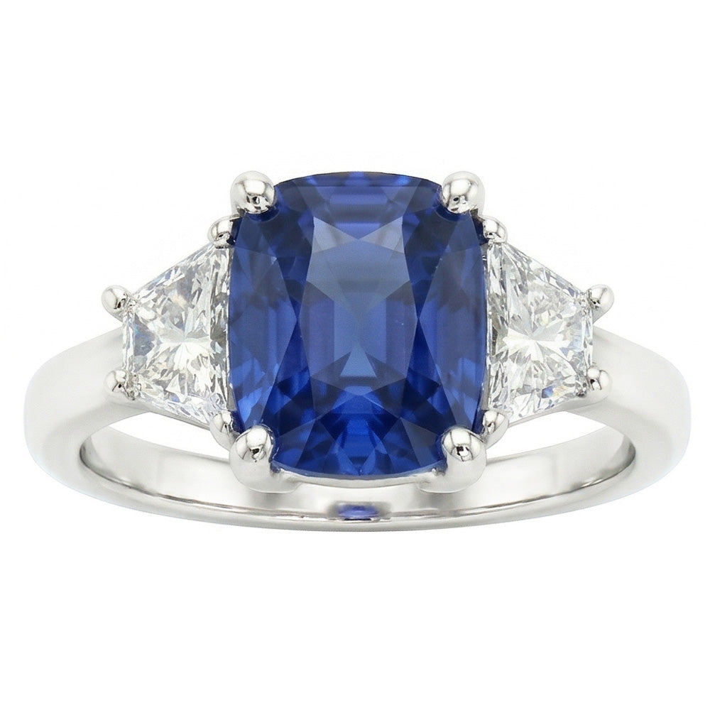 Trapezoid Natural Earth Mined Diamond ( Not Lab Grown ) & Cushion Blue Sapphire 3 Stone Ring 2.50 Carats