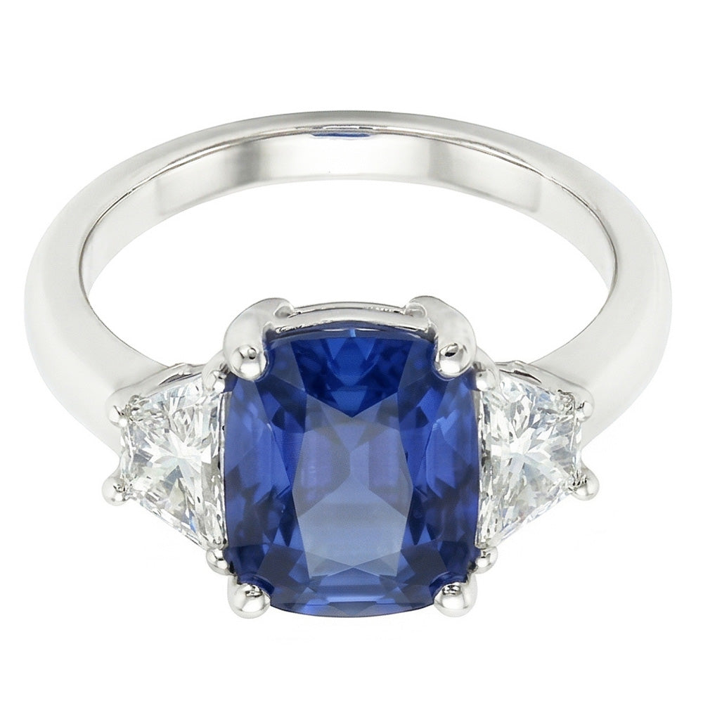 Trapezoid Natural Earth Mined Diamond ( Not Lab Grown ) & Cushion Blue Sapphire 3 Stone Ring 2.50 Carats