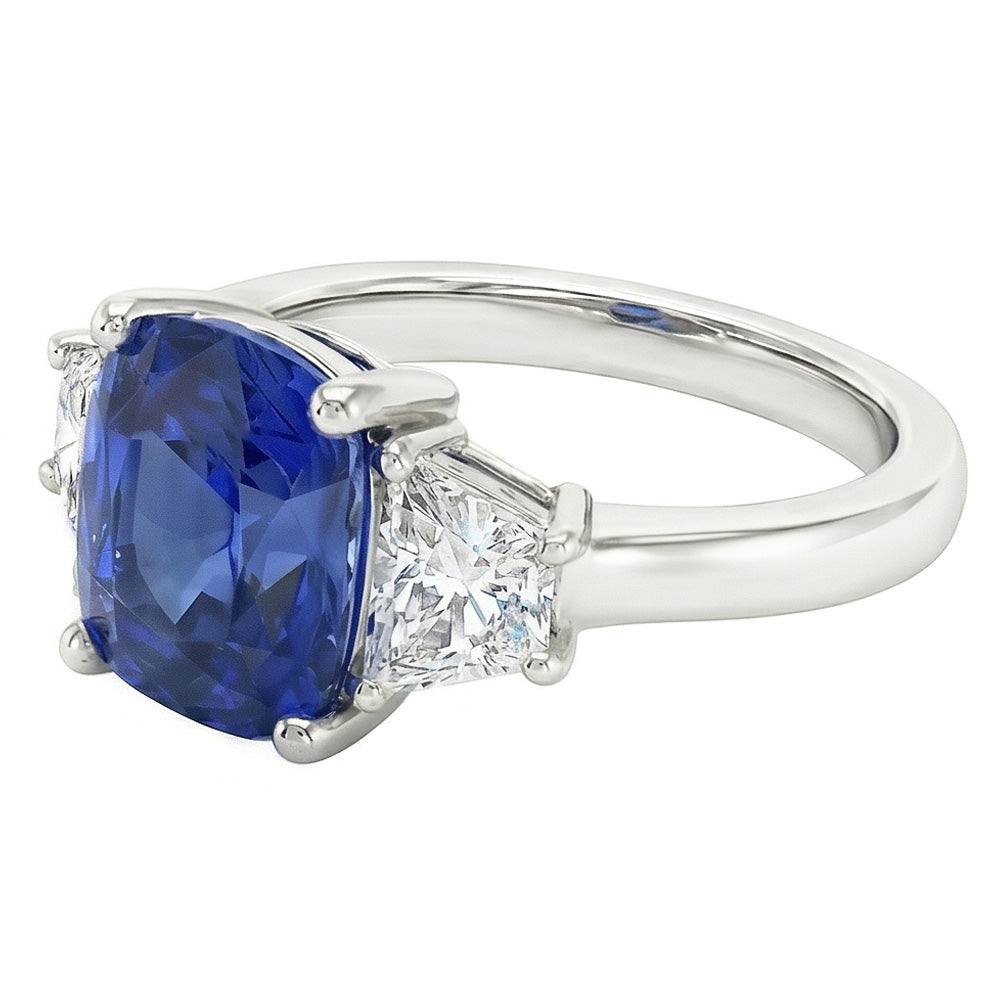 Trapezoid Natural Earth Mined Diamond ( Not Lab Grown ) & Cushion Blue Sapphire 3 Stone Ring 2.50 Carats